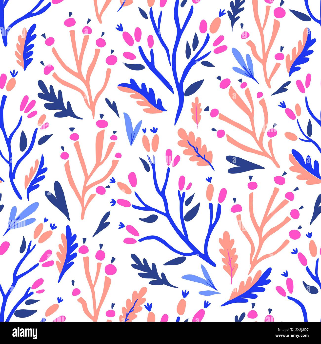 Colorful doodle botanical pattern. Vector print with hand-drawn simple plant elements Stock Vector