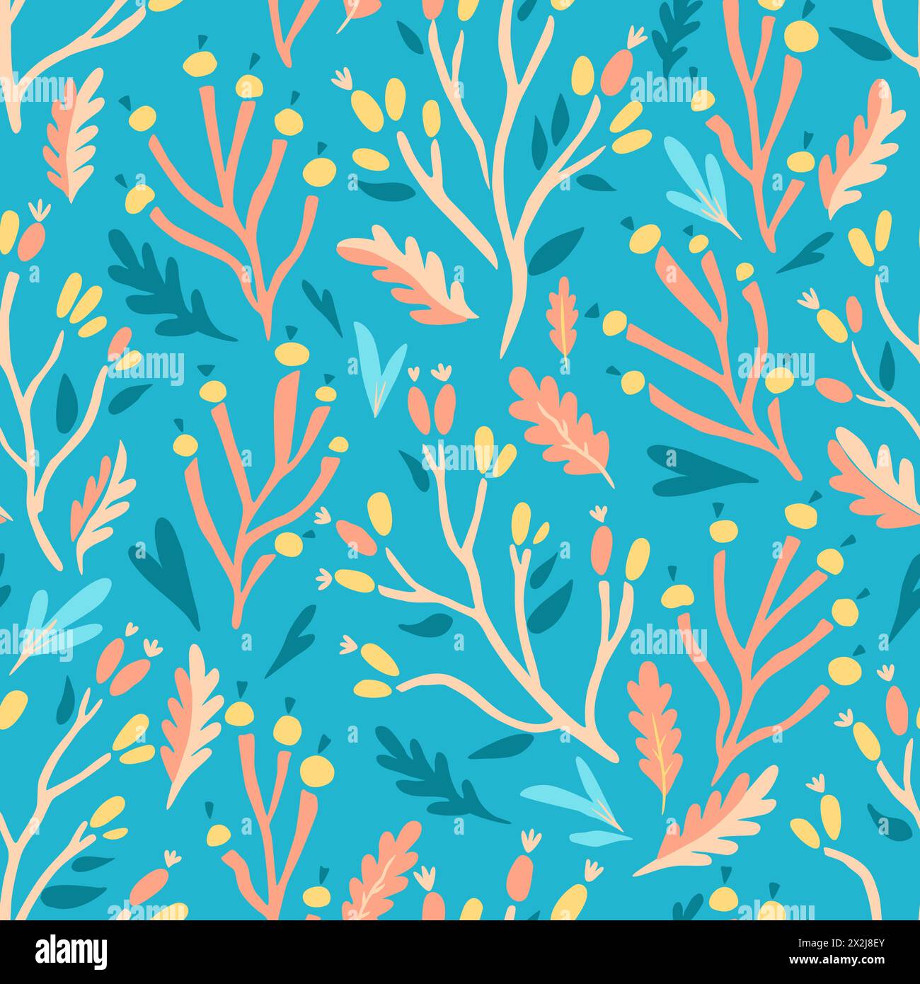 Colorful doodle botanical pattern. Vector print with hand-drawn simple plant elements Stock Vector