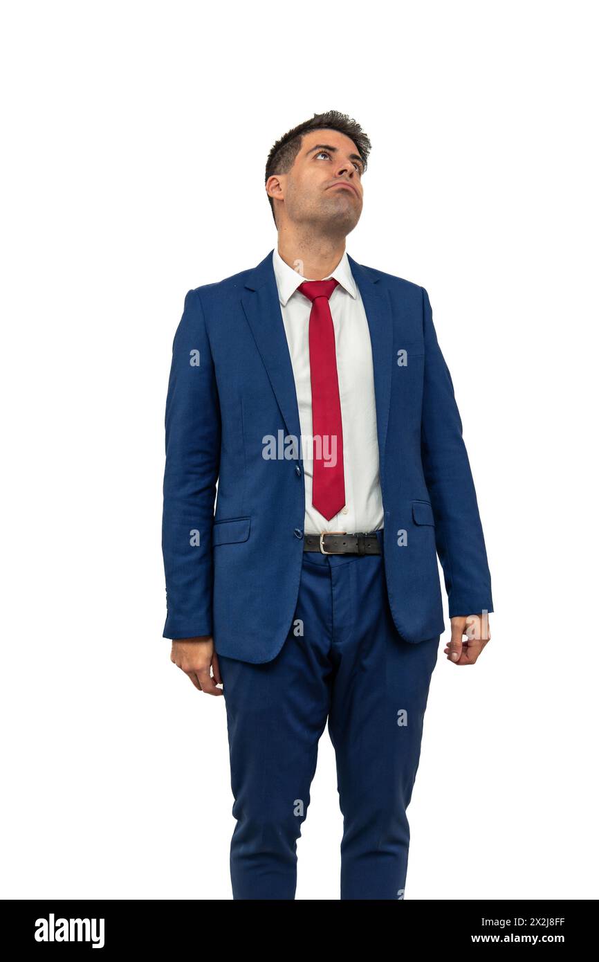 vertical businessman he sighs with slumped shoulders, displaying an expression of exhaustion and exhausted patience. With a sense of exasperation and Stock Photo