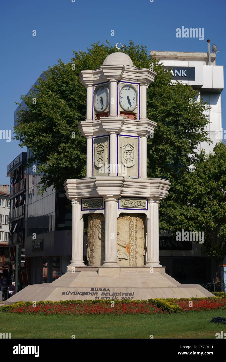 BURSA, TURKIYE - JUNE 30, 2023: Heykel Clock Tower in Bursa City Stock Photo