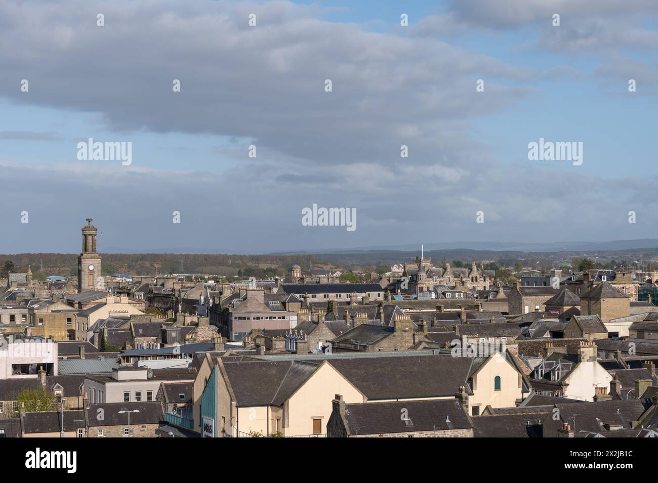 22 April 2024. Elgin,Moray,Scotland. This is a view over the rooftops of Elgin Town centre on a sunny day. Stock Photo