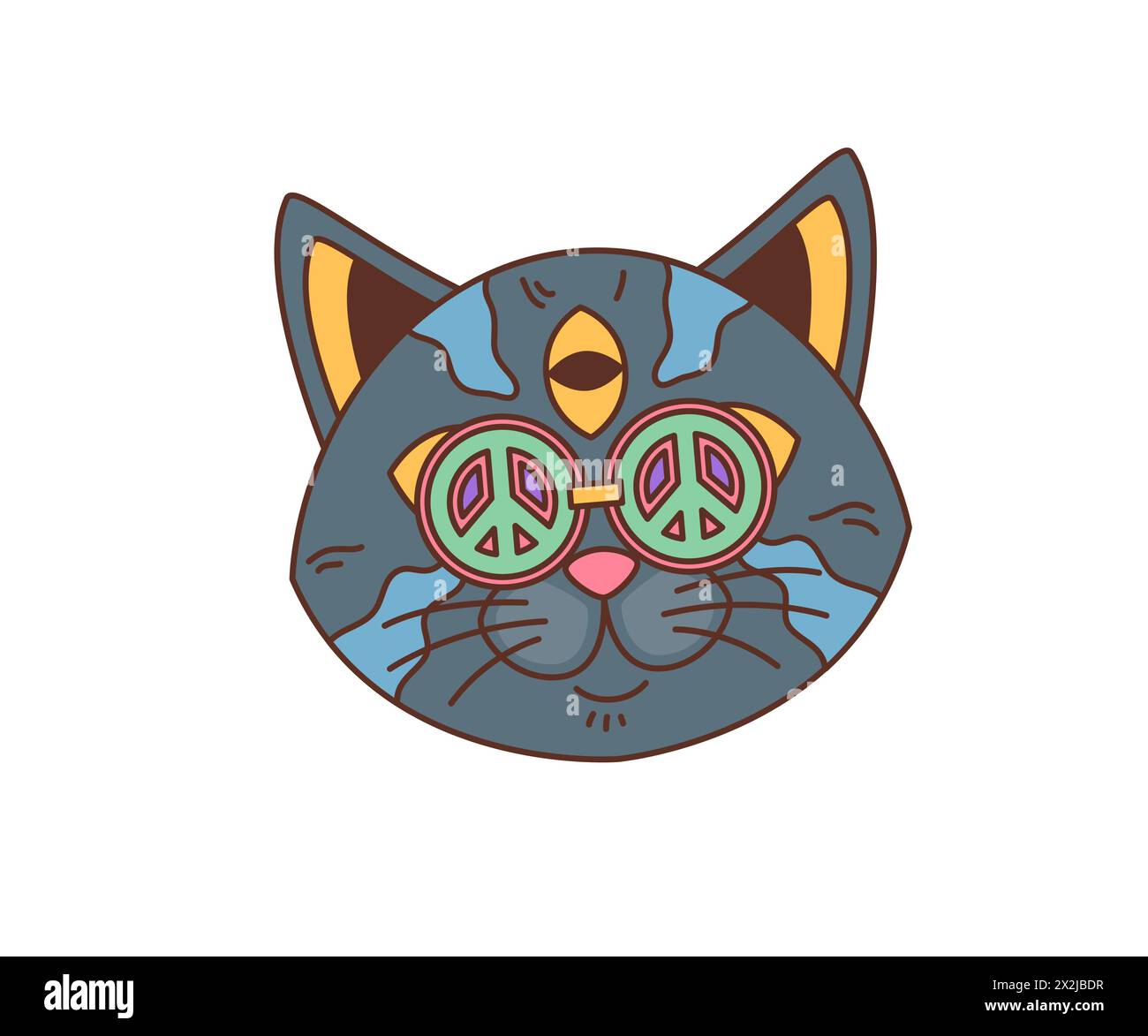 Cartoon retro cat groovy character. Isolated vector funky kitten head in sunglasses with peace symbols, psychedelic patterns and third eye on forehead, exuding cool, laid-back vibe with a groovy smile Stock Vector