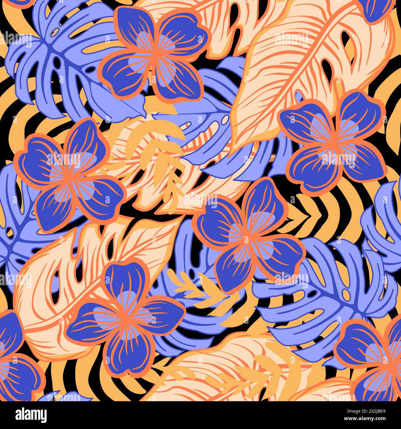 Seamless floral pattern with tropical flowers and leaves vector ...
