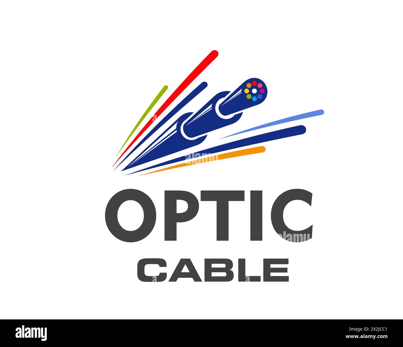 Fiber optic cable icon. Isolated vector emblem for internet connection, telecommunication technology and networking. Dynamic wire or cord with colorful lines convey speed and broadband data traffic Stock Vector