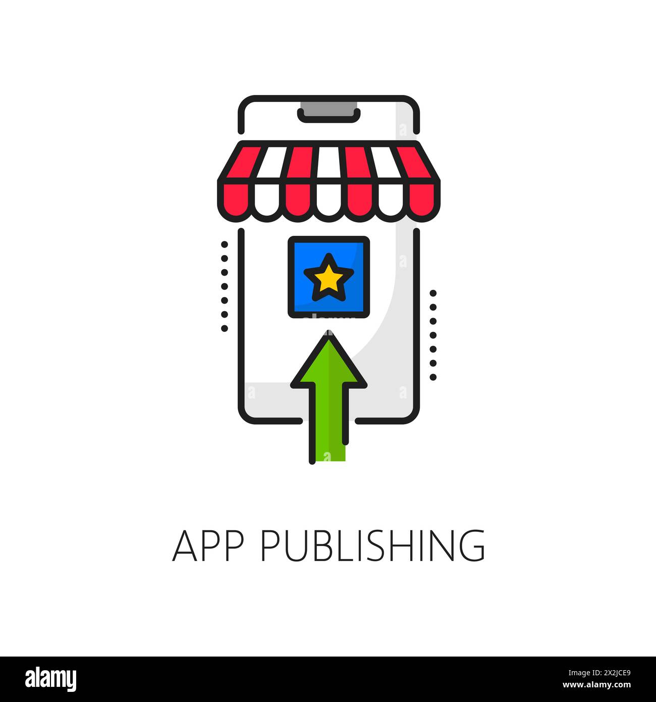 Cellphone application develop and publishing, mobile software coding, web app optimization linear icon. Online service or mobile phone soft development line vector icon with cellphone and store canopy Stock Vector