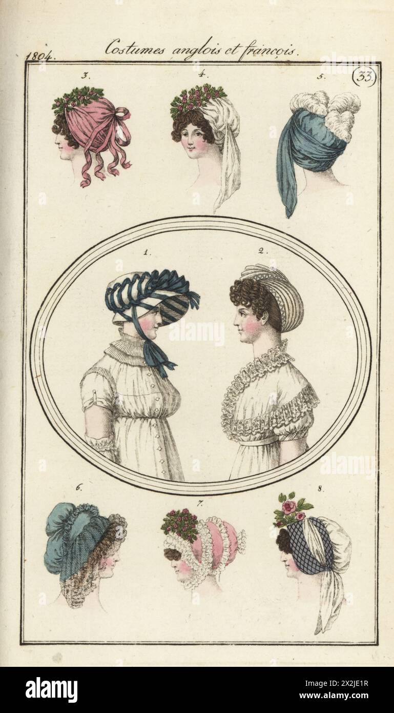 French bonnet with blue ribbon 1 (Pl. 567 in the Paris edition), woman in half-turban and curls 2. English bonnets and turbans in crepe, satin and taffeta 3-6 from Richard Phillips' Fashions of London & Paris. Costumes anglois et francois. Handcoloured copperplate engraving from Pierre de la Messengere’s Journal des Dames et des Modes, Francfort sur le Mein (Frankfurt) 1804. After illustrations by Carle Vernet, Jean-Francois Bosio, Dominique Bosio and Philibert Louis Debucourt. Stock Photo
