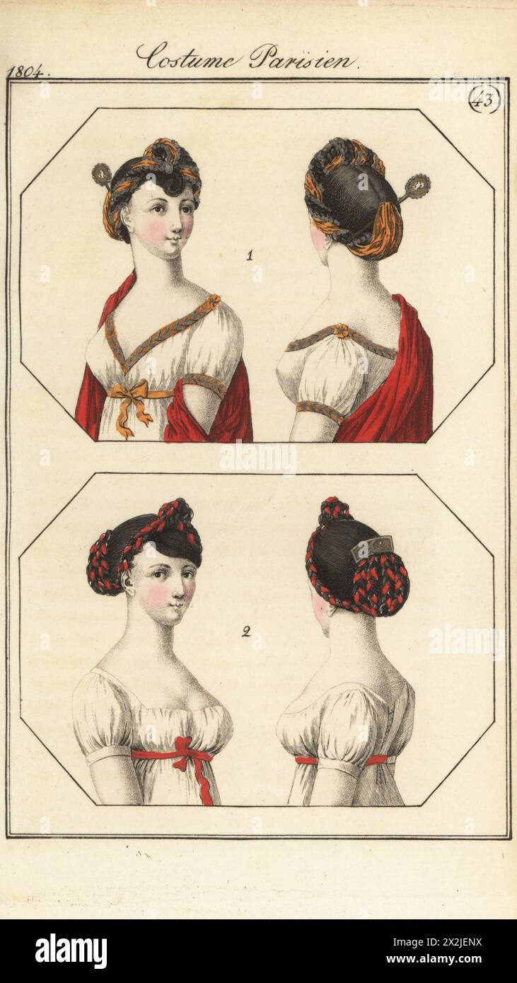 Woman with her long hair braided with a ribbon, string of pearls and hairpin 1, and hairdo with hair braided with velvet ribbon and comb in a bun 2. Handcoloured copperplate engraving from Pierre de la Messengere’s Journal des Dames et des Modes, Francfort sur le Mein (Frankfurt) 1804. After illustrations by Carle Vernet, Jean-Francois Bosio, Dominique Bosio and Philibert Louis Debucourt. Stock Photo