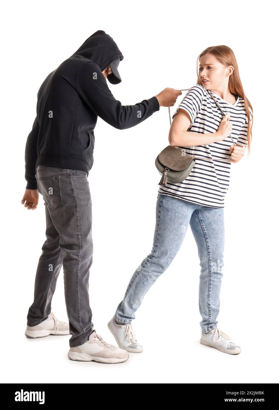 Robber trying to steal bag from young woman on white background