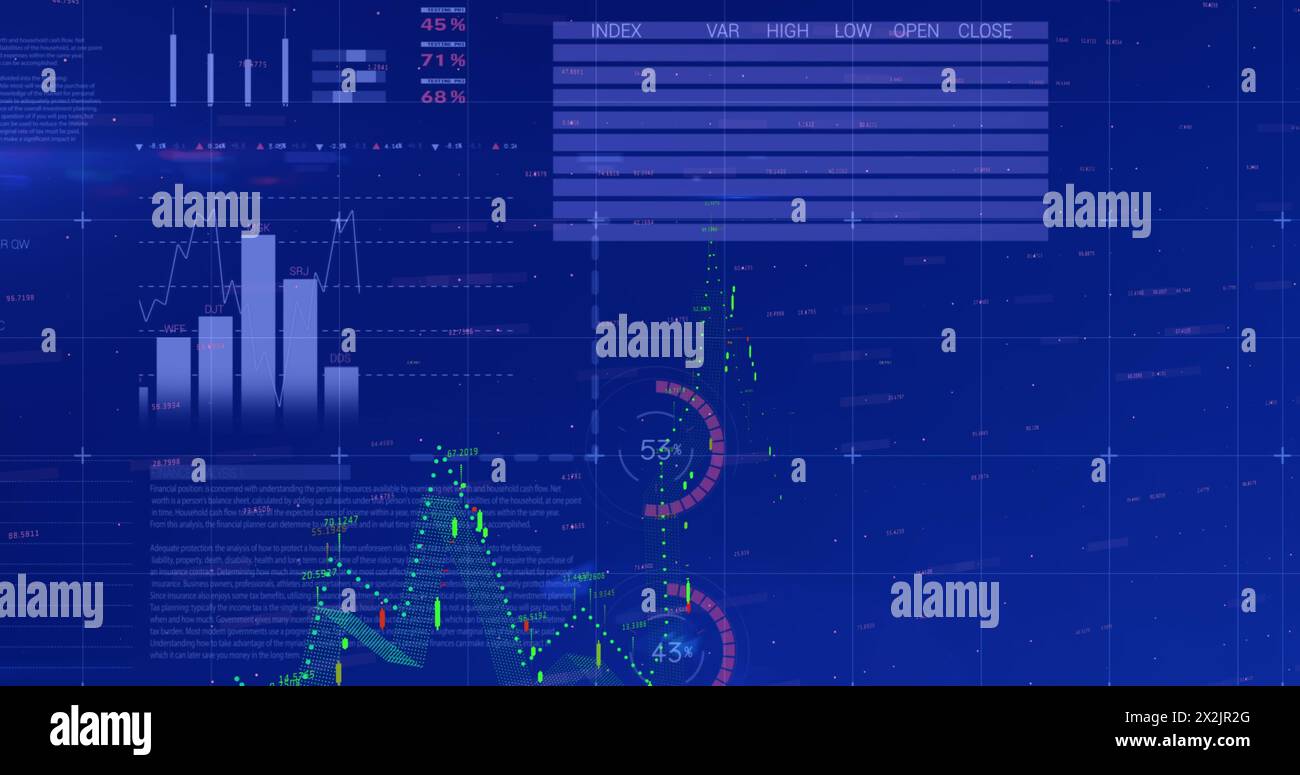 Image of financial and statistical data processing against blue background Stock Photo