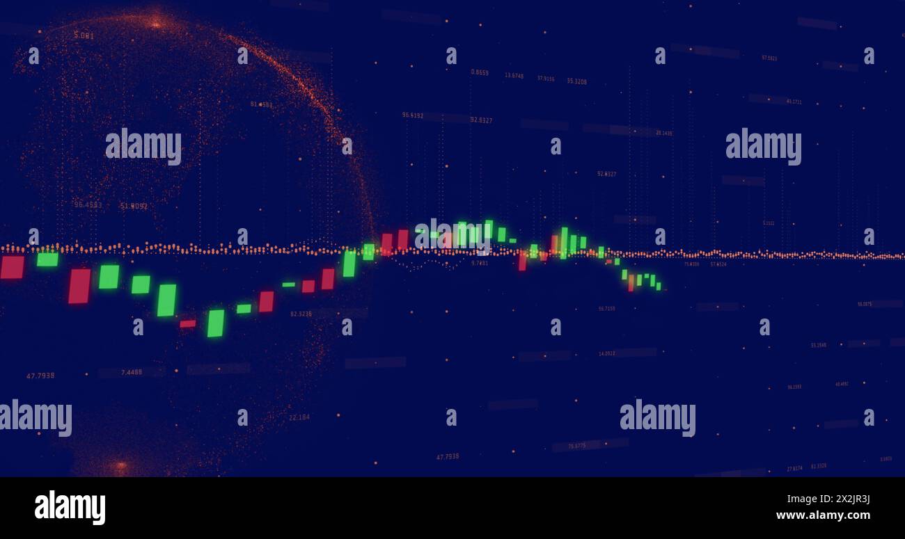 Image of data processing and globe over blue background Stock Photo