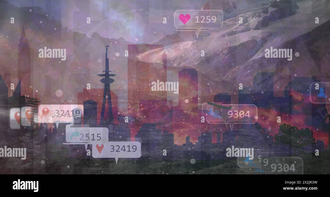 Image of landscape and social media reactions over cityscape Stock ...