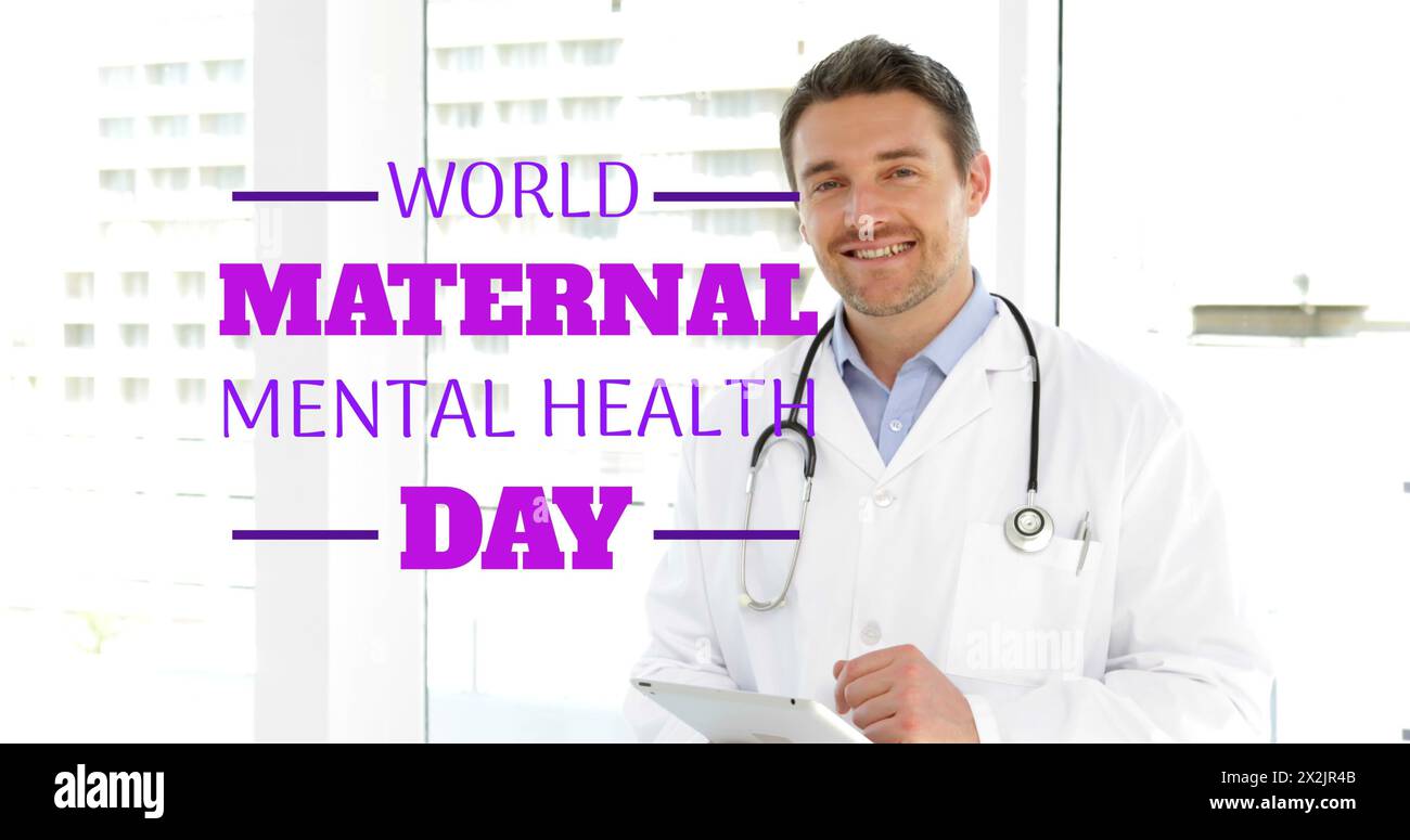 Image of world maternal mental health day over happy caucasian male doctor Stock Photo