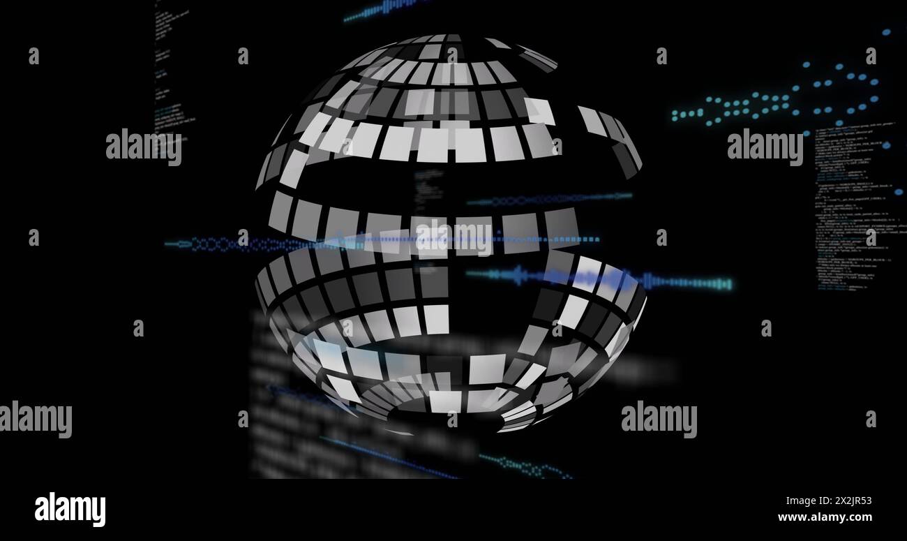 Image of data processing and spinning globe over black background Stock Photo