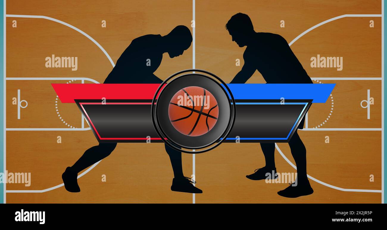 Image of basketball record scoreboard over two basketball players Stock Photo