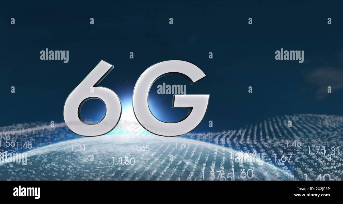 Image of data processing and 6g text over globe Stock Photo