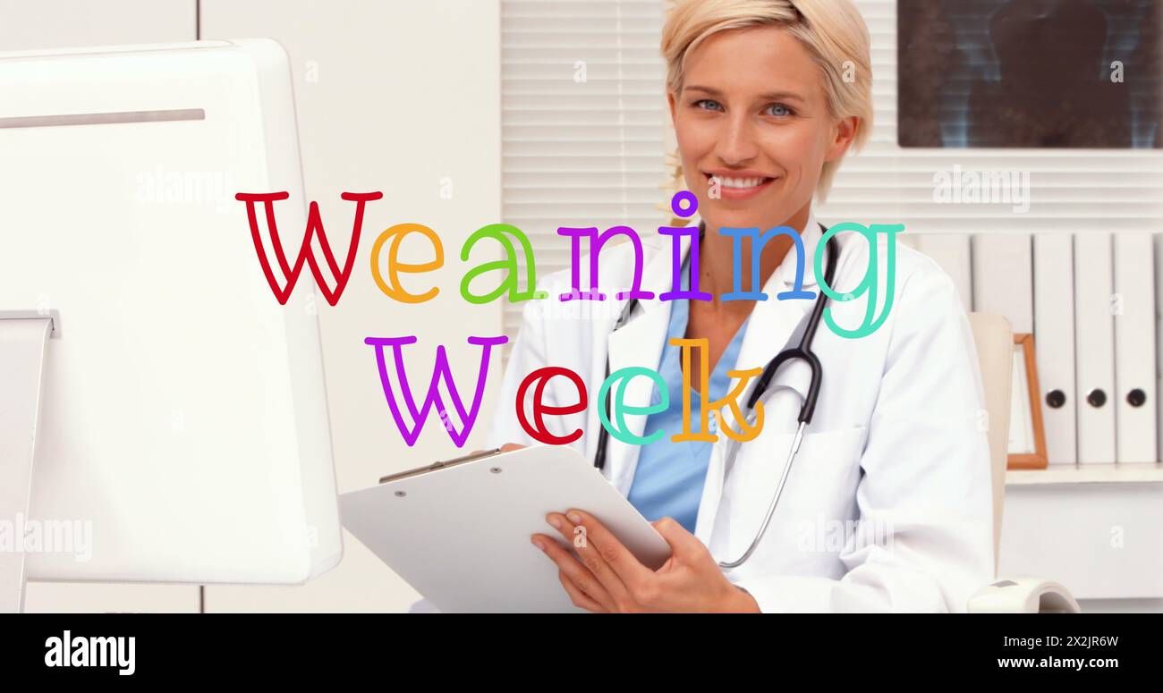 Image of weaning week text over caucasian female doctor Stock Photo