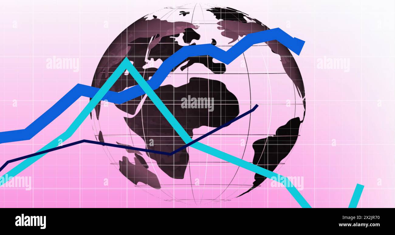 Image of financial data processing over globe on pink background Stock Photo