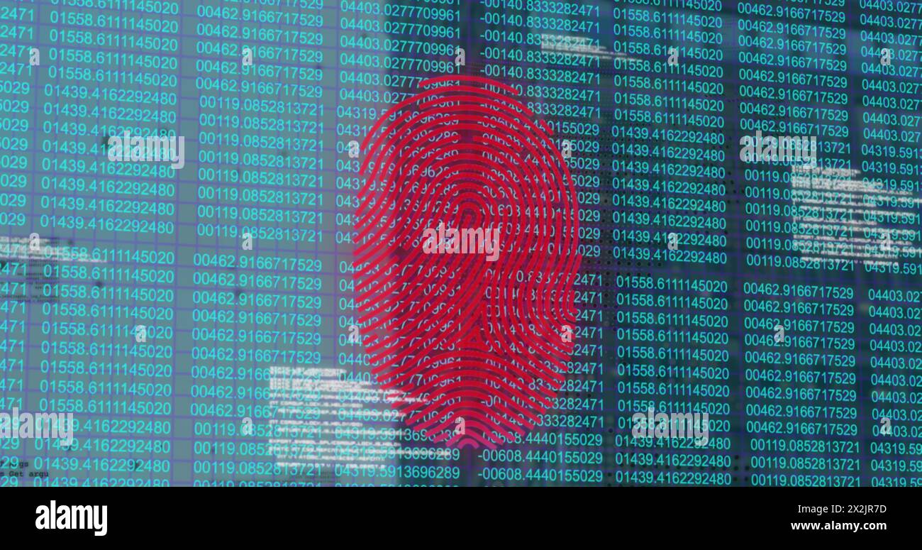 Image of data processing and fingerprint over cityscape Stock Photo