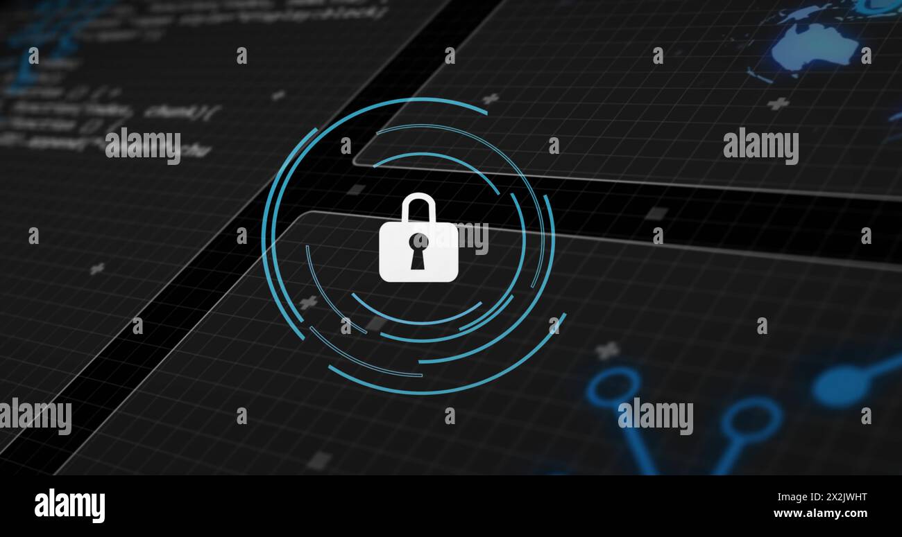 Image of padlock icon over data processing on black background Stock Photo