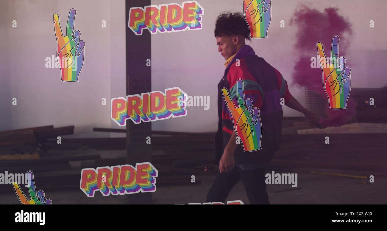 Image of pride and rainbow hands over african american male protester with smoke Stock Photo