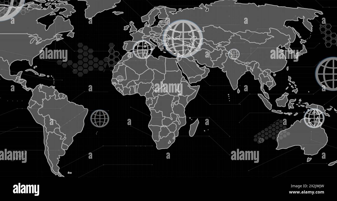 Image of globe icons over world map on black background Stock Photo