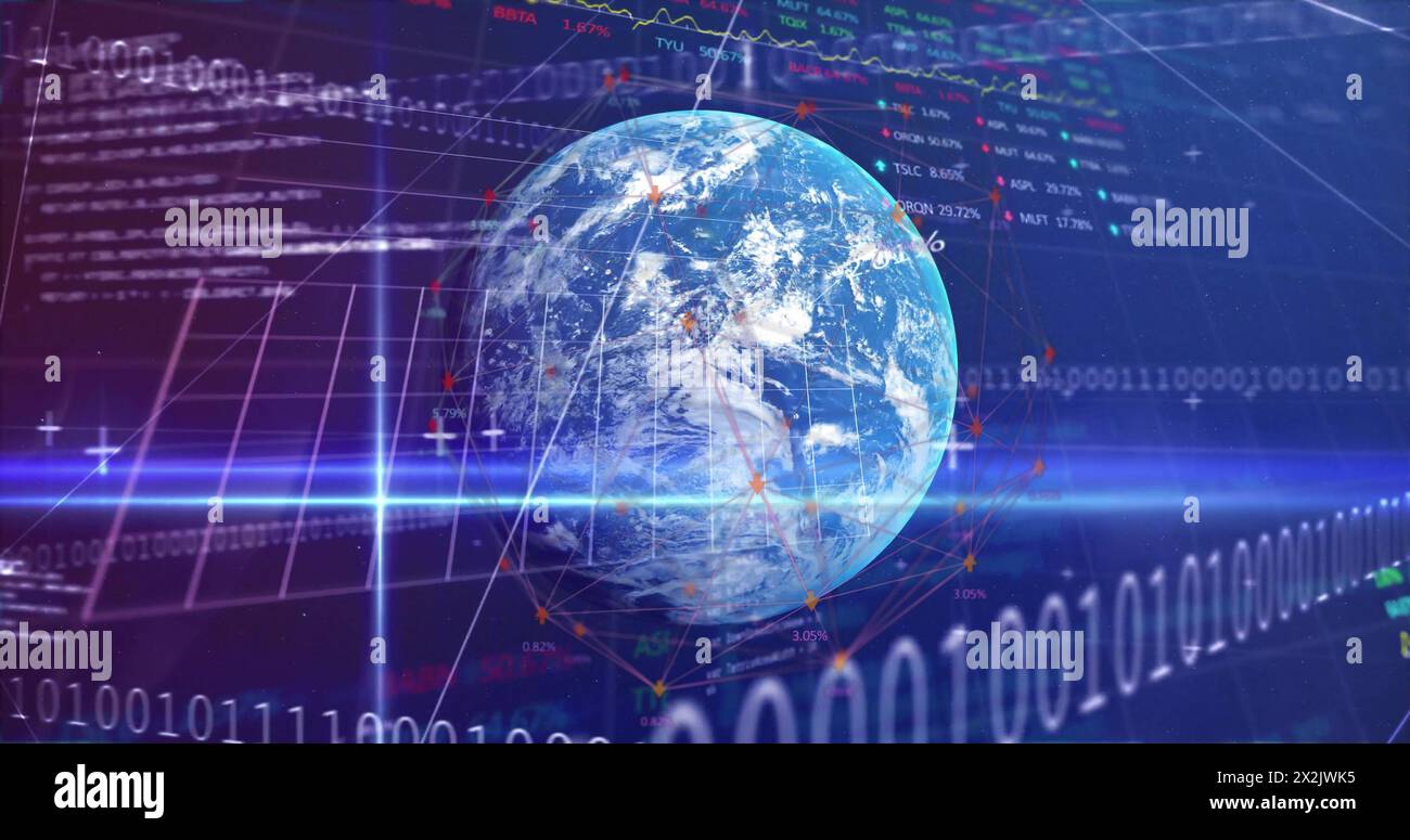 Image of financial data processing and binary coding over globe Stock Photo