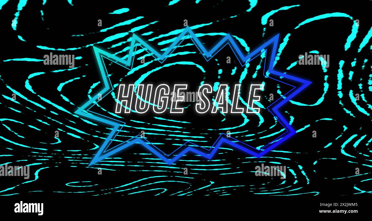 Image of huge sale text in angular shaped speech bubble over blue lights on black background Stock Photo