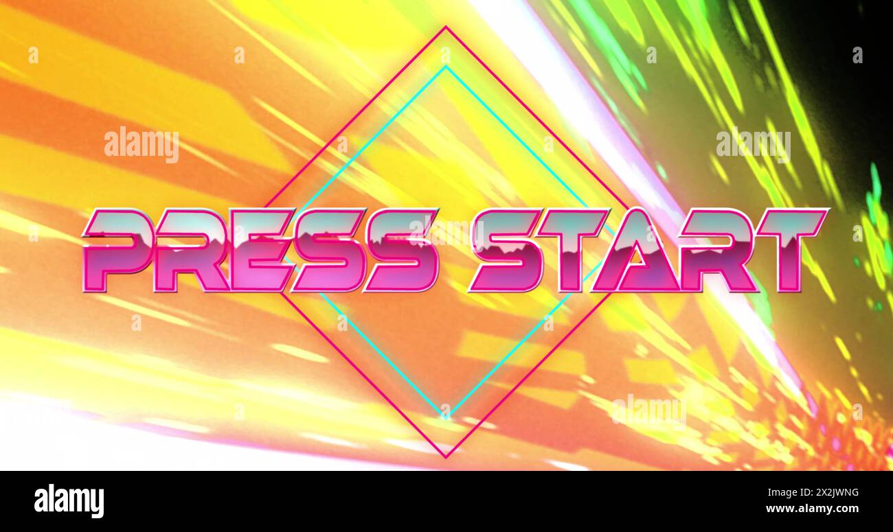 Image of press start text over colourful lights on black background Stock Photo