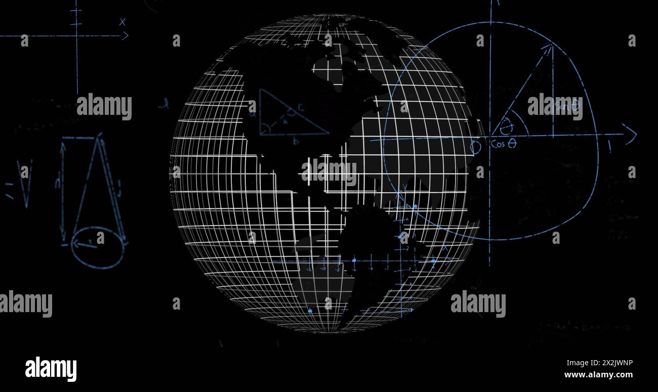 Image of mathematical data processing over globe on black background Stock Photo