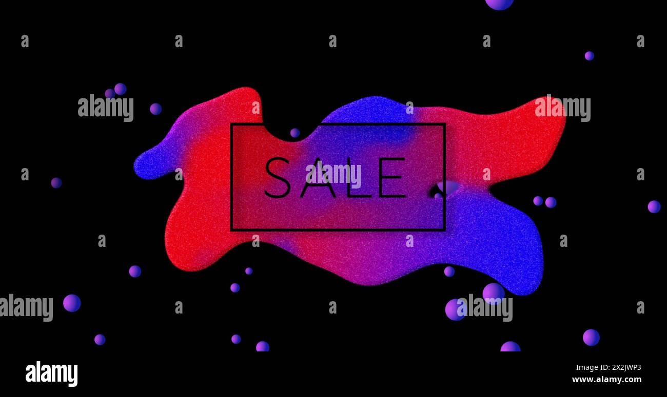 Image of sale text over colourful blot and spheres on black background Stock Photo