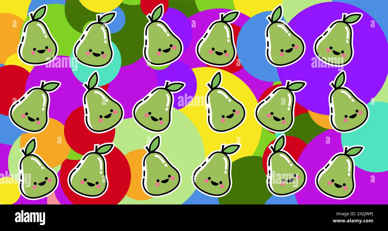 Image of smiling pears in rows over colourful spots Stock Photo