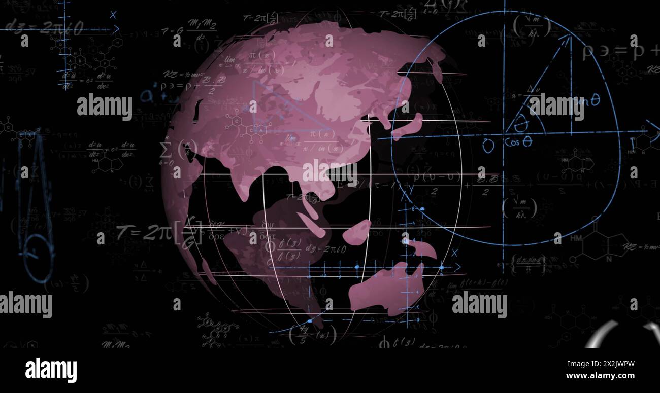 Image of mathematical data processing over globe on black background Stock Photo