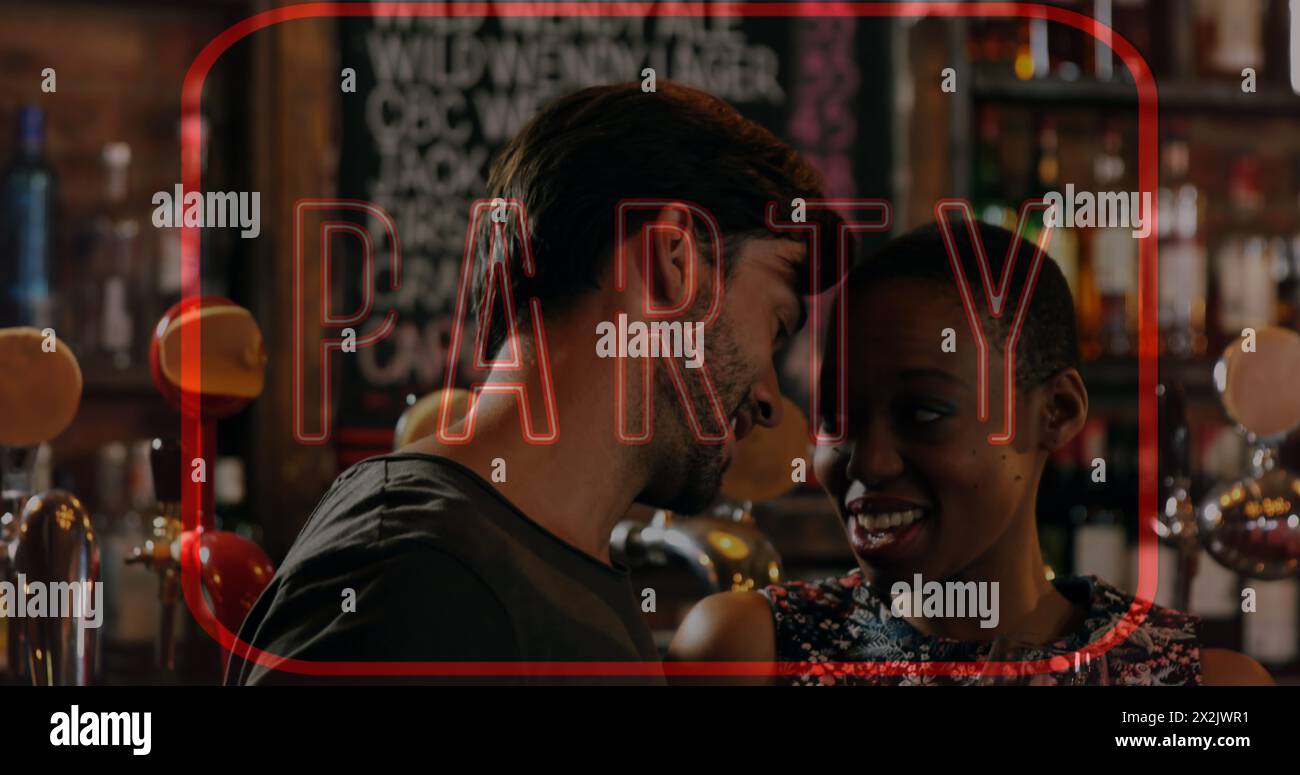 Image of neon party text in red frame over biracial couple chatting in bar Stock Photo