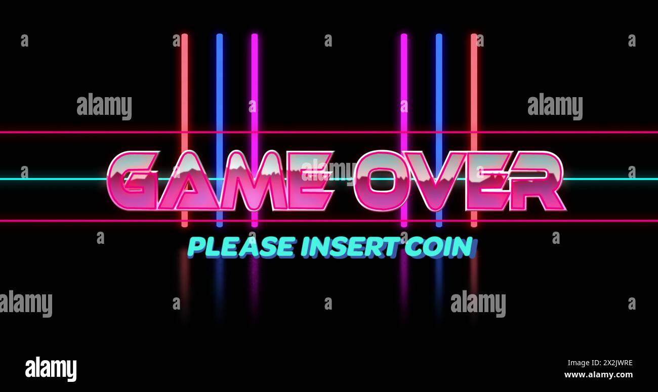 Image of game over please insert coin text over colourful lines on black background Stock Photo