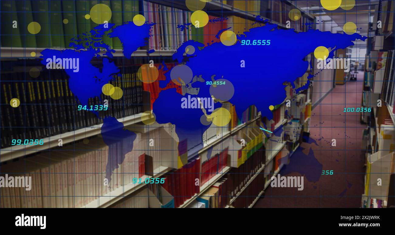 Image of spots and data processing with world map over books on shelves in library Stock Photo