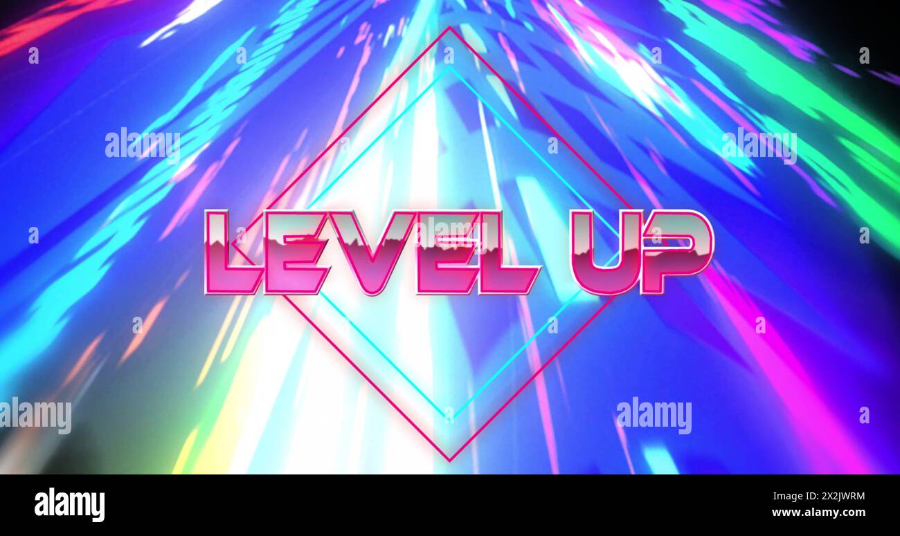 Image of level up text over colourful lights on black background Stock Photo