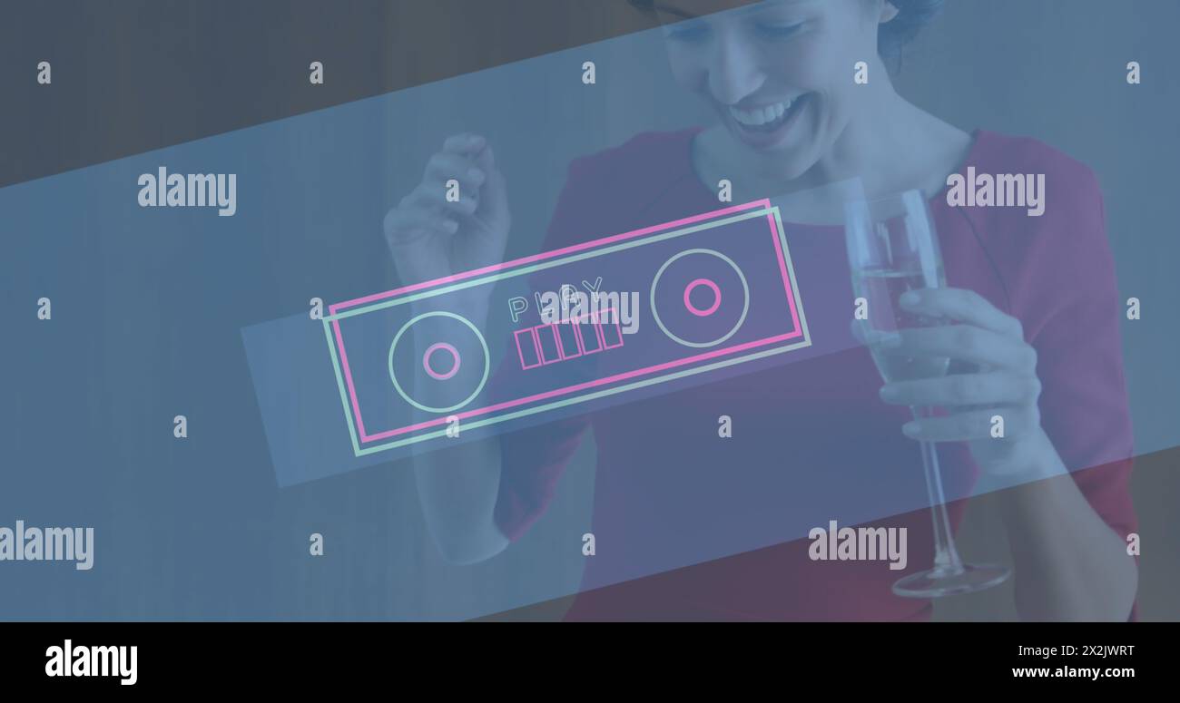 Image of neon play text in retro tape recorder over smiling woman dancing Stock Photo