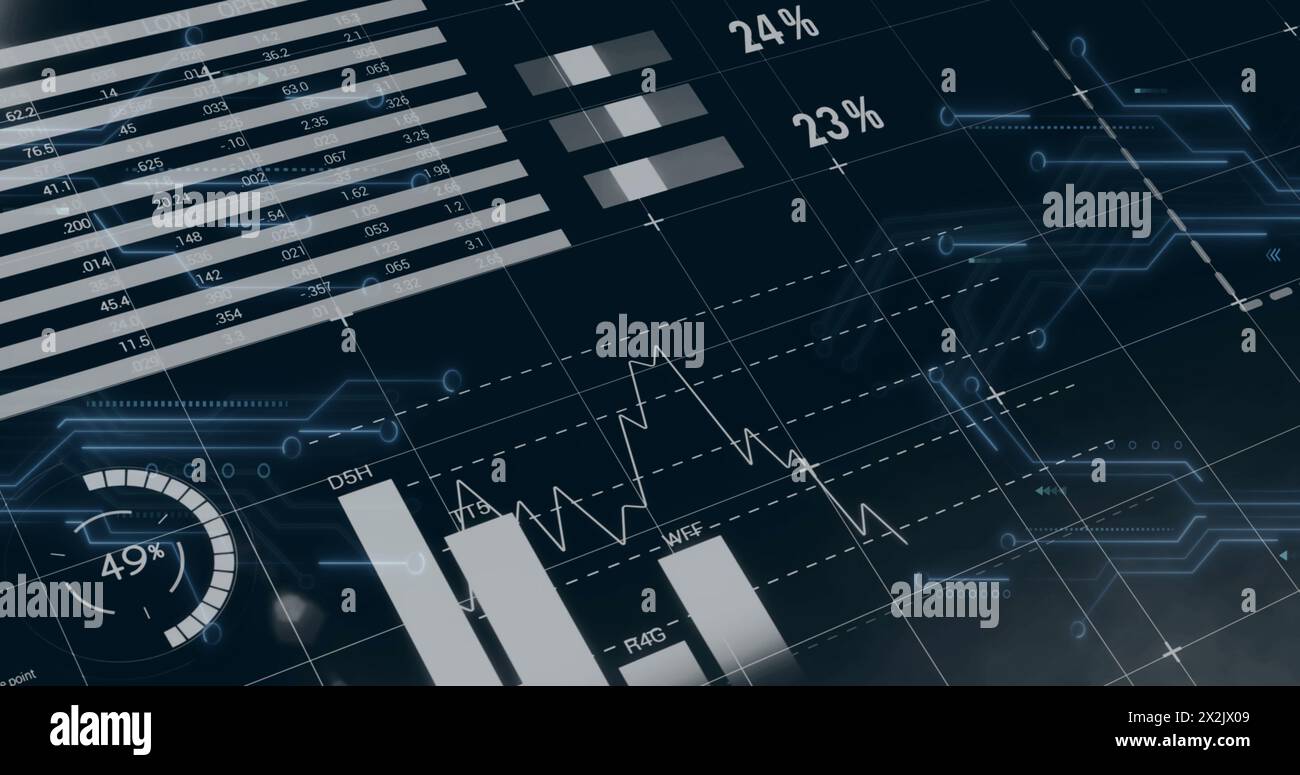 Image of financial data processing over black background Stock Photo