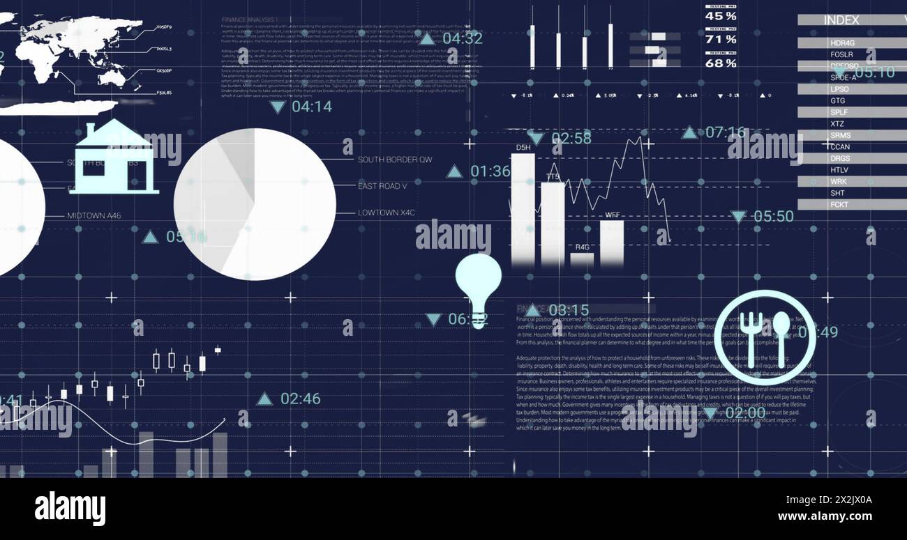 Image of financial data processing with icons on black background Stock Photo