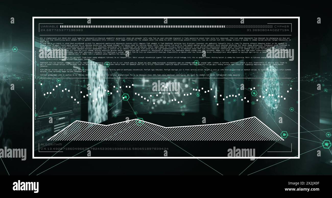 Image of data processing on graph over screens with graphs, networks and dna on black background Stock Photo