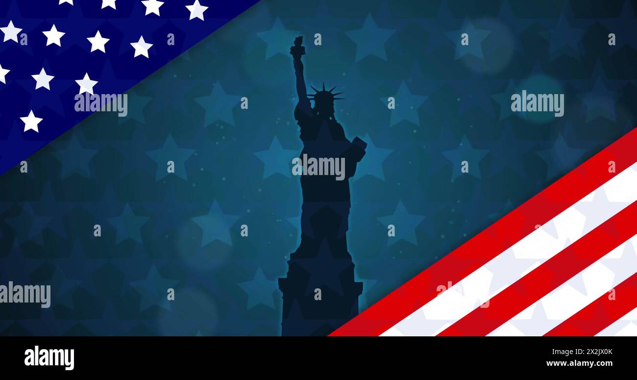 Image of flag of usa over statue of liberty on blue background Stock Photo