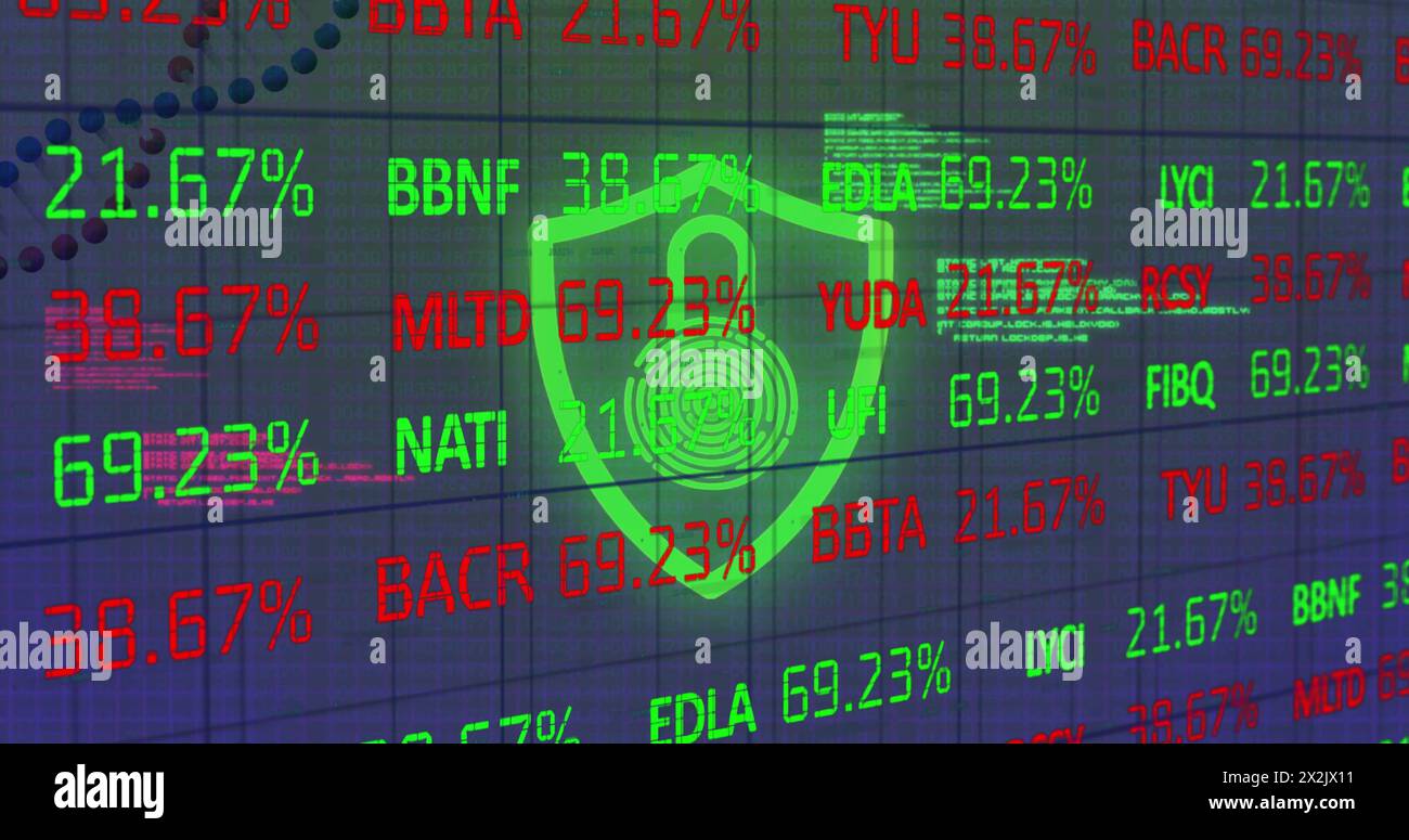 Image of financial data processing over glowing padlick icon Stock Photo