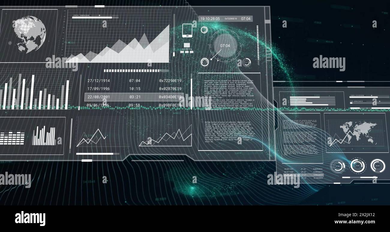 Image of data processing with globe and lines on black background Stock Photo