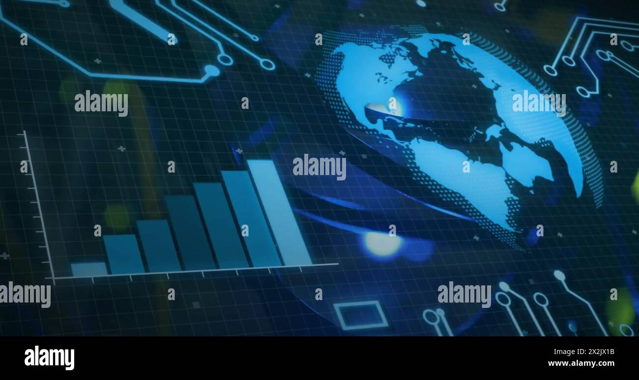Image of globe and data processing over screen and circuit board Stock Photo