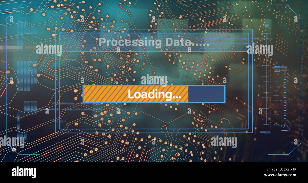 Image of text and data processing over screen and circuit board Stock Photo
