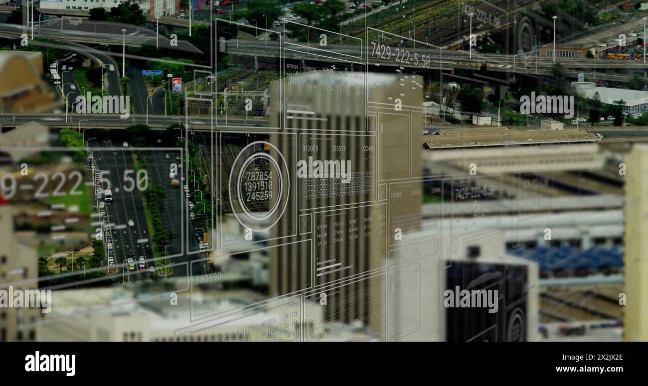 Image of statistics and data processing over cityscape Stock Photo