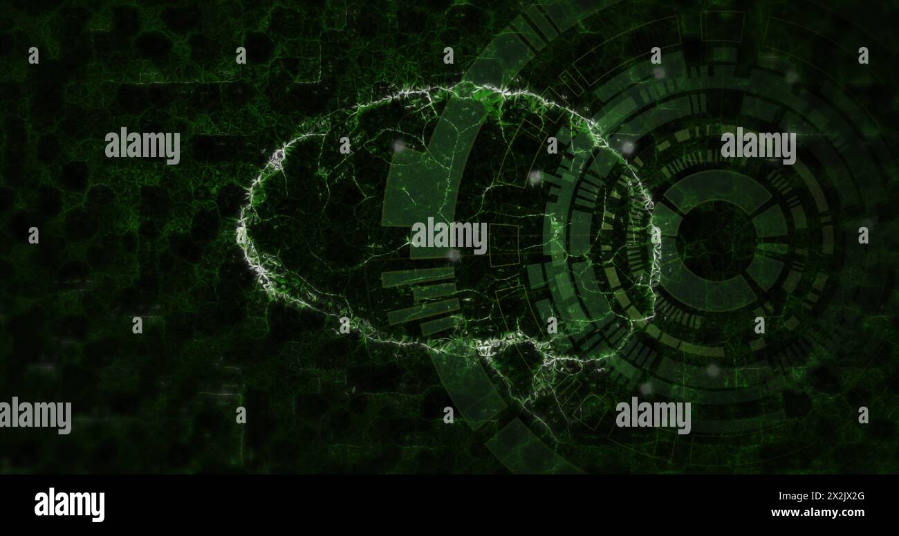 Image of scientific data processing, dna strand and human brain over dark background Stock Photo