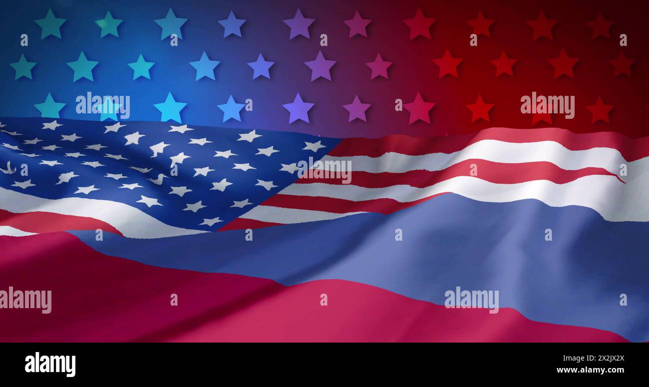 Image of flag of usa over stars on red and blue background Stock Photo