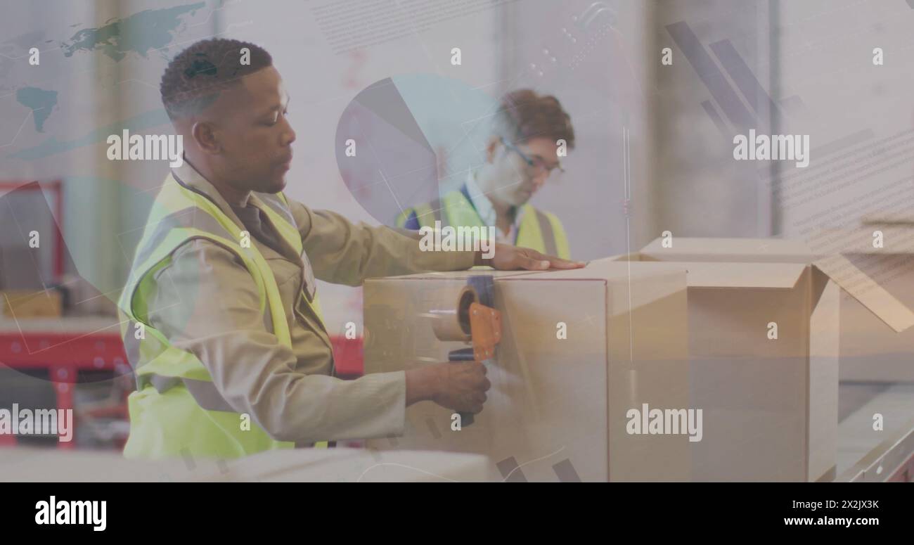 Image of financial data processing over diverse workers in warehouse Stock Photo