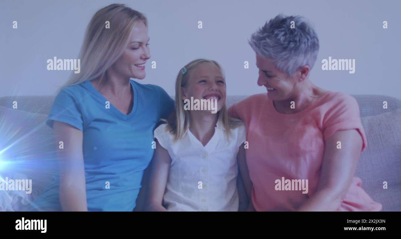 Image of glowing spots over happy caucasian grandmother, mother and ...